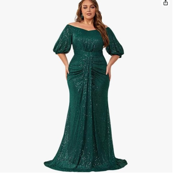 Giffniseti Plus Size Off Shoulder Puff Sleeve Sequin Evening Dress (Green, 1XL) - Picture 1 of 4